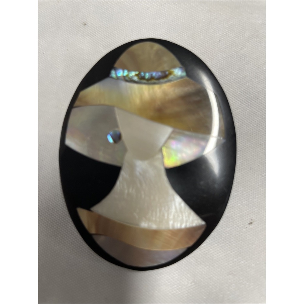 Abalone Mother Of Pearl Inlay Black Oval Lady Silhouette Brooch Vintage - Picture 2 of 4